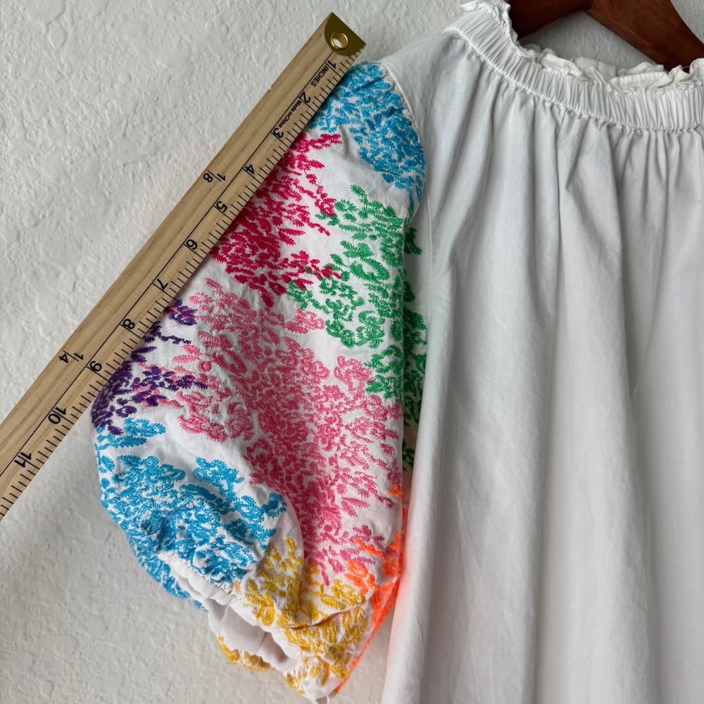 THML Womens White Cotton Colorful Embroidered Puff Sleeve Ruffle Neck Blouse - Picture 6 of 14